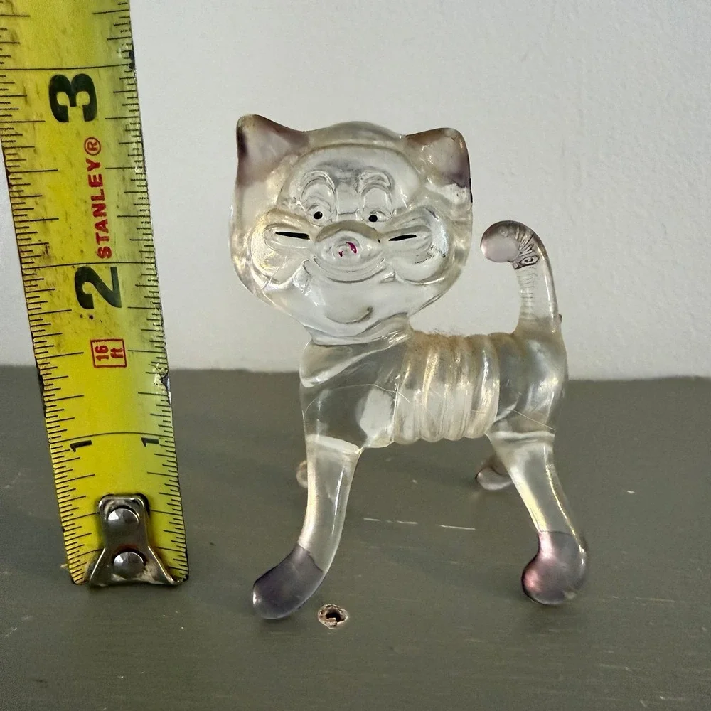 Vintage Lucite Clear Plastic Animal Figurines Cat - Kitchsy Cat Art 1970s
